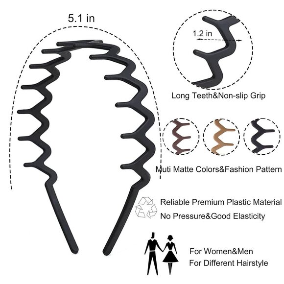 6 PCS Zig Zag Headbands Plastic Wavy Hair Head Band Comb with Teeth Hoop Accesso - Picture 2 of 6